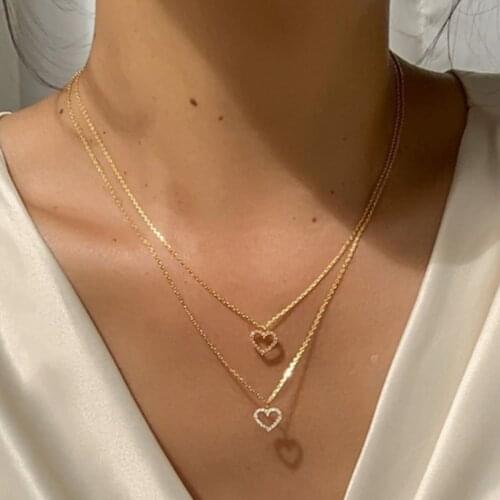 IPARAM Fashion Vintage Hollow Crystal Pendant Necklace Female Bohemian Layered Peach Heart Choker Necklace Jewelry Wholesale