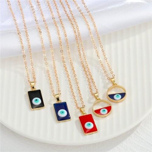 1PC Enamel Hollow Round Turkish Eye Pendant Necklace For Women Vintage Fashion Rectangle Eye Choker Clavicle Chain Jewelry N368