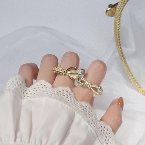 2020 Korea Hot Selling Fashion Jewelry Exquisite Copper Inlaid Zircon Bow Knot Ring Open Female Prom Party Ring