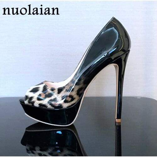 14CM Brand Womens Platform Pumps Peep Toe High Heel Shoes Woman Ladies Leopard High Heels Women Patent Leather Platform Shoes
