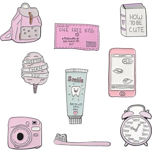 Get Up Early To School Alarm Clock Enamel Pins Book Pink Sweety Toothbrush Brooches Backpack Travel Gifts for Students Wholesale