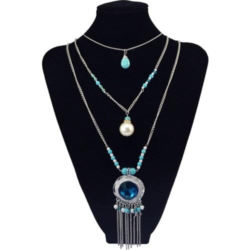Antique color chain multi-layer tassels long necklaces boho vintage Green Stone pearl big crystal pendants necklaces for women