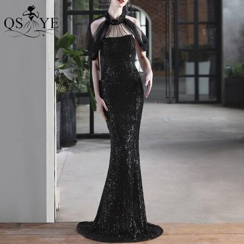 Halter Black Evening Dresses Mermaid Prom Gown Tulle Sleeves Sequin Party Dress Long Black Formal Gown Beadings Women Dress