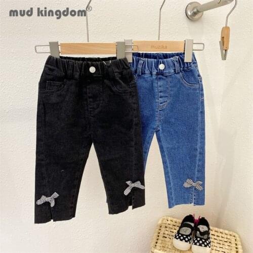 Mudkingdom Girl Jeans Casual Solid Bow Elastic Waist Slant Pocket Pull On Denim Pants for Toddler Spring Autumn Kids Clothes