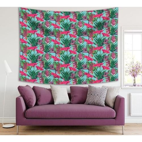 Tapestry Floral Pattern Tropical Flowers Hibiscus Palm Leaves Jungle Plants Bright Colored Pink and Green Exotic Print