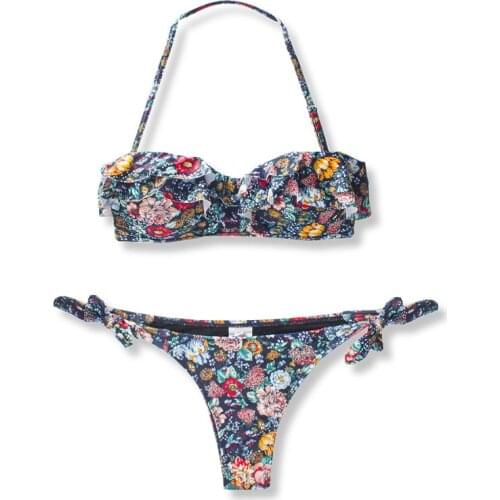 Falbala Thong Bikini Set Halter Bandage Two-Pieces Swimming Suit Multi Color Swimsuit Swimwear Women Print Biquini 2020 A55