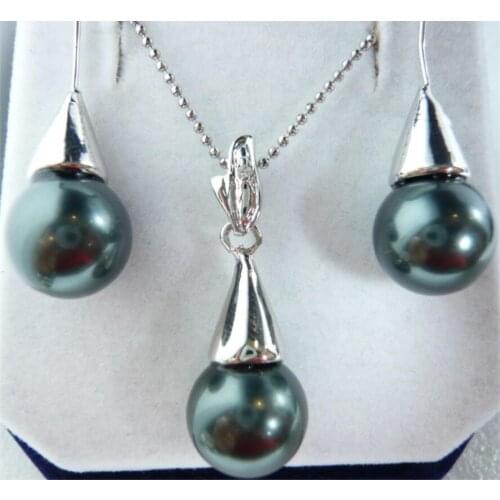 Black Shell Pearl Pendant Necklace Earrings 18K Silver Plated Jewelry Set Gift