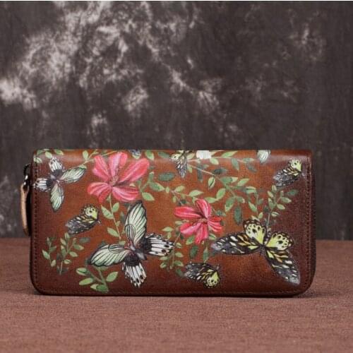 New Money Clips Wrist Bags Long Clutch Handy Zipper Bag Female Floral Printing Women Multi-Cards Purse Genuine Leather Wallets