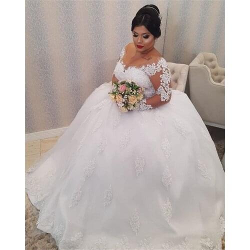 Lace Appliques vestido de noiva Wedding Dresses Long Sleeves Lace Up Back Wedding Gowns Beading Bride Dresses robe de mariee