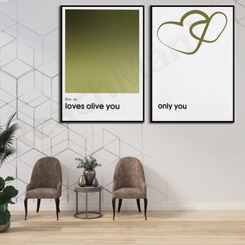 Set of 2 prints: olive green gradient art print poster, olive I love olive you, heart-shaped line art only you decorative poster