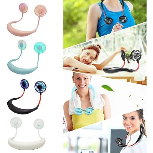 2019 New Mini Portable LED Light USB Rechargeable Fan Neck Hanging Style Dual Cooling Lazy Fan for Student Home School Use