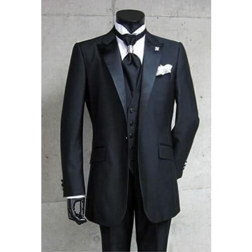 Brand New 3 pieces Groom Tuxedos Black Best Man Peak Satin Lapel Groomsmen Men Wedding Suits Prom/Formals/Bridegroom Suit