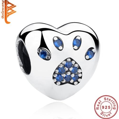 Wholesales Pure 925 Sterling Silver Heart Charms With Blue CZ Animal Paw Print Beads Fit Original Bracelet DIY Women Jewelry