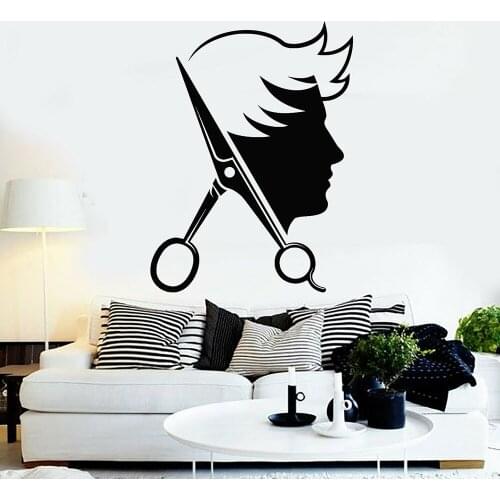 Barber Shop Logo Vinyl Wall Decal Scissors Mans Hair Cutting Tools Barber Shop Wall Stickers Hair Salon Decoration Design C706