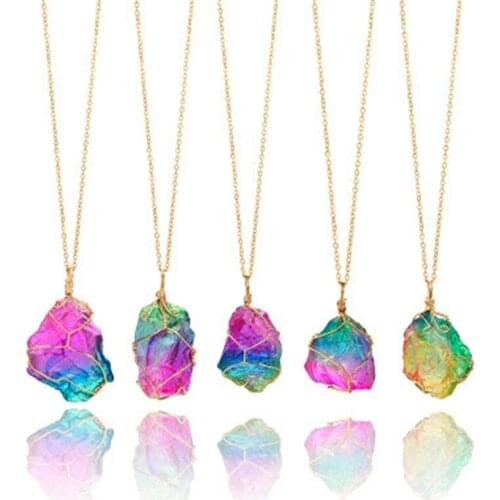 Rainbow Irregular Natural Stone Alloy Necklace For Unisex Winding Crystal Pendant Chain Jewelry