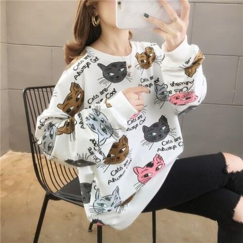 Kawaii Sweet Cat Letter Cartoon Printed Hoodies Sweatshirt Women Loose Long Sleeve Pullovers Autumn Harajuku Tops Plus Size 2020