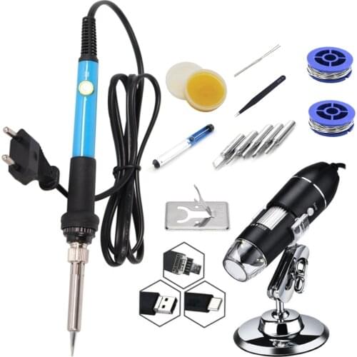 USB Microscope 1600X 3 in 1 USB Interface Electron Microscopes with 8 LEDs Brack 60W 220V Electric Soldering Iron Solder Tools