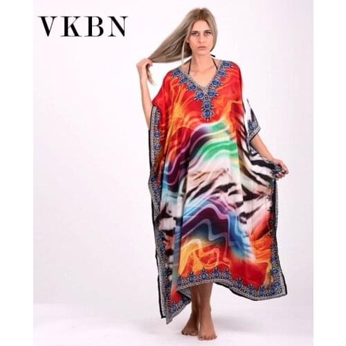 VKBN 2020 Summer Dress Women Up Fashion Printing V-Neck Plus Size Women Party Dress Batwing Sleeve Straight Dress Long