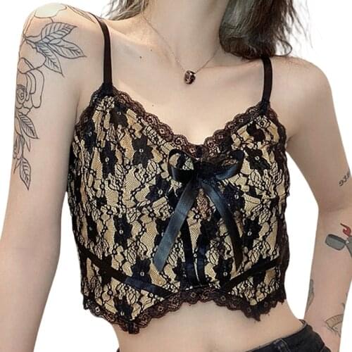Womens Sexy Floral Lace Camisole Sleeveless Spaghetti Strap V Neck Crop Cami Tops with Bow