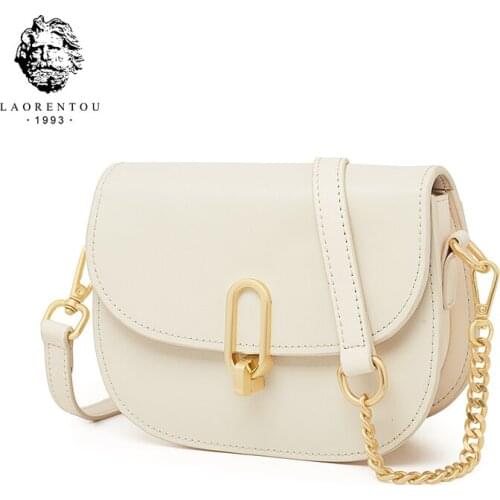 LAORENTOU Womens Cowhide Commuter White Crossbody Shoulder Bag Flip Bag Fashion Chain Armpit Semicircle Saddle Bag