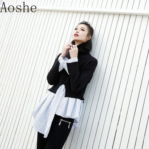 High-collar Sweater Stitching Asymmetric False Two Long-sleeved New Pullover Women