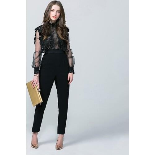 2020 New Arrival Jumpsuit Vintage High Waist Lantern Sleeve Women Jumpsuit Hollow Out Slim Fit Body Feminino Lace Mesh Bodysuit
