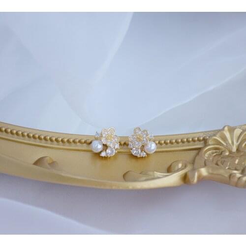 14k Real Gold Fashion Jewelry Crystal Pearl Flower Exquisite Cute Stud Earrings for Woman Holiday Party Elegant Earring