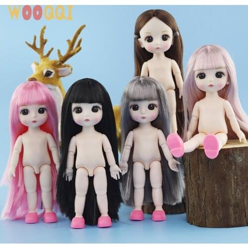2pcs BJD Doll 16cm 13 Movable Joints 3D Eyes Doll BJD Girls Toy Long Hair Female Nude Body Fashion DIY Dress Dolls Gift
