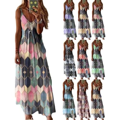2021 Womens Summer Beach Casual Printed Camisole Long Dress