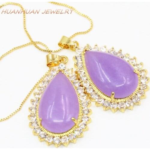 25x39mm Drop Stainless Steel Chain Purple Stone Pendant For Women Natural Jades Chalcedony Necklace Pendants Diy Jewelry B3320