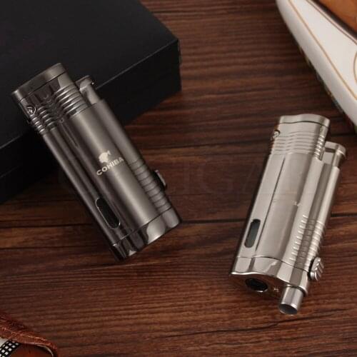COHIBA 3 Jet Torch Flame Cigar Lighter Metal Luxury Gas Lighters Refillable Butane Pocket Cigarette Lighter W/ Cigar Punch