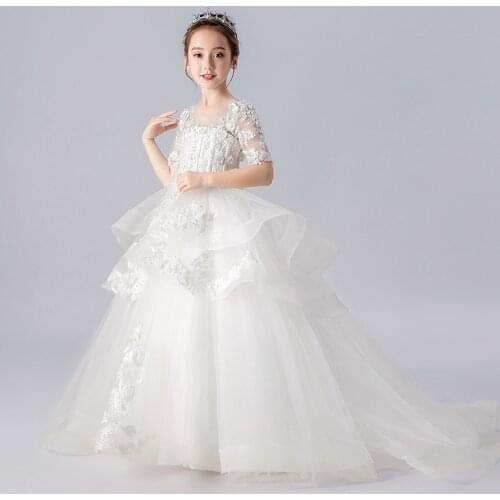 Flower Girl Dresses For Wedding Short Sleeve Lace Applique Girl O-Neck Tulle Formal Gown Kids First Communion Party Dresses