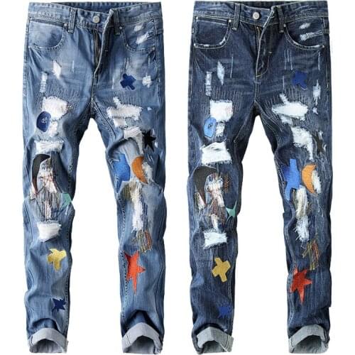 Designer Color Patchwork Jeans Ripped 2020 Straight Denim Pants Men Fashion Hip Hop Punk Night Club Party DJ Jeans Trousers