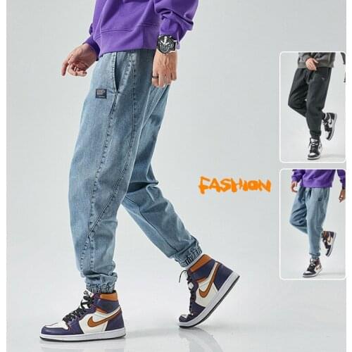 Spring Men Harem Jeans Plus Sized 8XL Chic Patchwork Embroidery Streetwear Handsome All-Match Loose Cargo Tie Feet Denim Pants