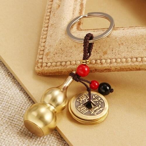 New Luck Feng Shui Coins With Brass Calabash Wu Lou Key Chain For Longevity Travel Safely Wealth Porsperity Success And Good