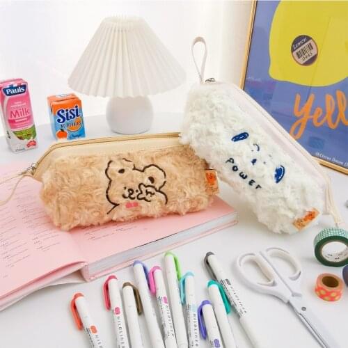 Bear Embroidery Flannel Pencil Case Kawaii Student Stationery Storage Bag Cute Pen Box Girls Cosmetic Cases Holder Plush Pocket