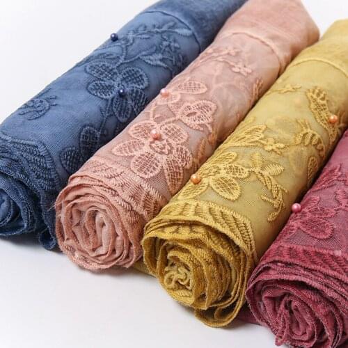 Embroidered Cotton Scarves Hijab With Lace Floral Pearl Solid Long Shawl Female Autumn Winter Tie-dye Muslim Womens Headscarf