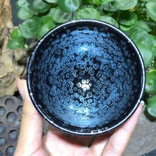 Jianzhan Tenmoku Glaze Tea Cup Pottery Chawan Blue Rare Sky Eye Pattern Handmade Chinese Porcelain Best for Tea Ceremony