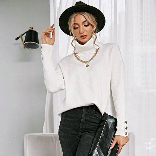 Fashion Autumn Turtleneck Knitted Sweaters Cuff Buttons Pullover Tops Loose Cardigan Womens Sweater 2021