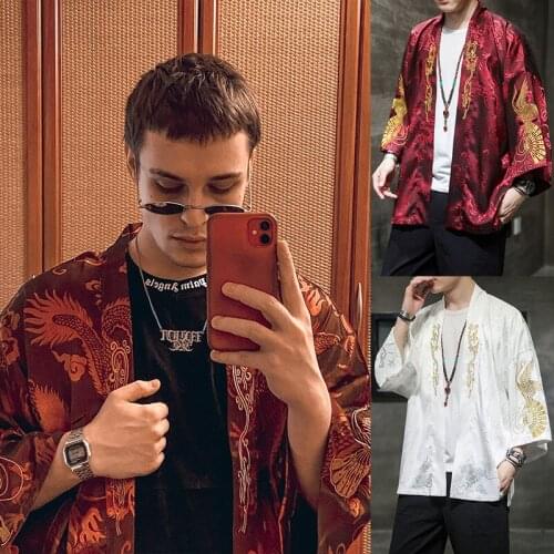 Tang Suits for Mens Summer New Chinese Style Vintage Crane Printing Loose Cardigan Tops Satin Fashion Mens Cool Streetwear