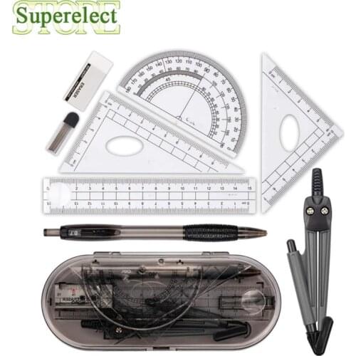 Math Geometry Kit Set 8PCS Student Supplies With Shatterproof Storage Box For Engineering Drawing Compass Protractor Ruler
