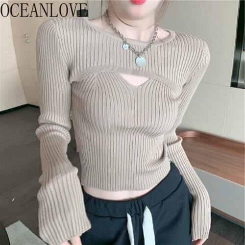 OCEANLOVE Women Sweaters Two Pieces Solid Short Slim Sexy Autumn Pull Femme Korean Fashion Vintage Elegant Sueters De Mujer