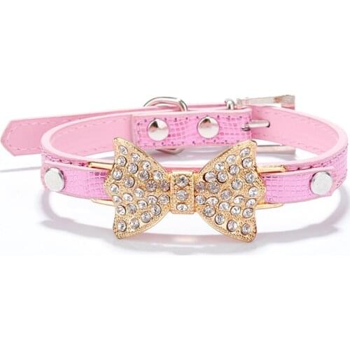 Rhinestone Dog Cat Collars Dogs Bling Crystal Bow PU Leather Pet Collar Puppy Cats Necklace Dog Harness Leash