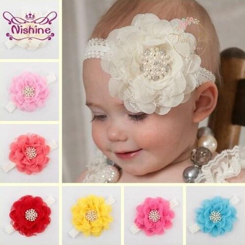 Nishine Cute Lace Chiffon Flower With Pearl Rhinestone Button Center Elastic Kids Girls Headband Party Birthday Headwear