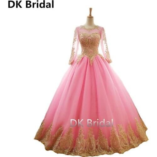Pink Ball Gown Quinceanera Dresses Sweet 16 Dress Long Sleeves Gold Appliques Floor Length Vestidos Debutante Robe Party Dress