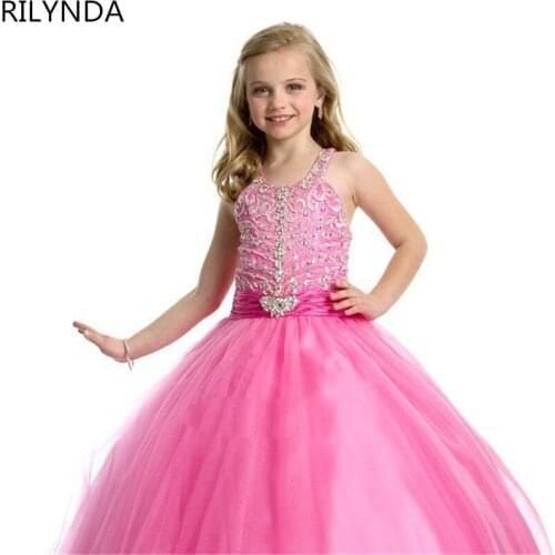 Pearls Sequin Pink Princess Flower Girl Dresses Single Shoulder Bow Ball Gown Girl Wedding Party Dresses Girl Communion Dress
