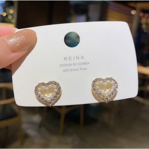 Korean Simple Shiny Zicron Hollow Pearl Heart Stud Earrings For Women Students Elegant Cute Boucle D'oreille Jewelry