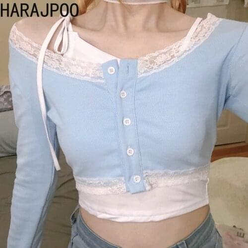 Harajpoo Women T Shirts Short Knitted Cardigan Spring Summer New Slim Blue Hot Girl BM Style Lace Sweet Spicy Long Sleeve Tops