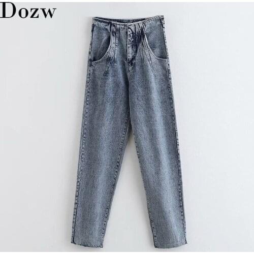 Women High Waist Fashion Blue Jeans 2019 Harajuku Pleated Long Mom Jeans Pants Ladies Casual Pockets Denim Trousers Streetwear