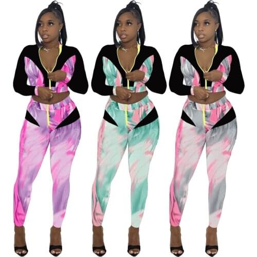 Patchwork 2 Pieces Sportwear Sets Women Outfits Long Sleeve Zip-up Crop Top and Long Skinny Pants 2021 Autumn Clothes Tracksuit